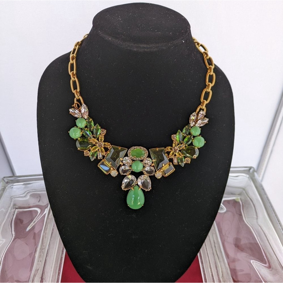Green Jewel Statement Necklace Gold Chunky Chain - Picture 5 of 7